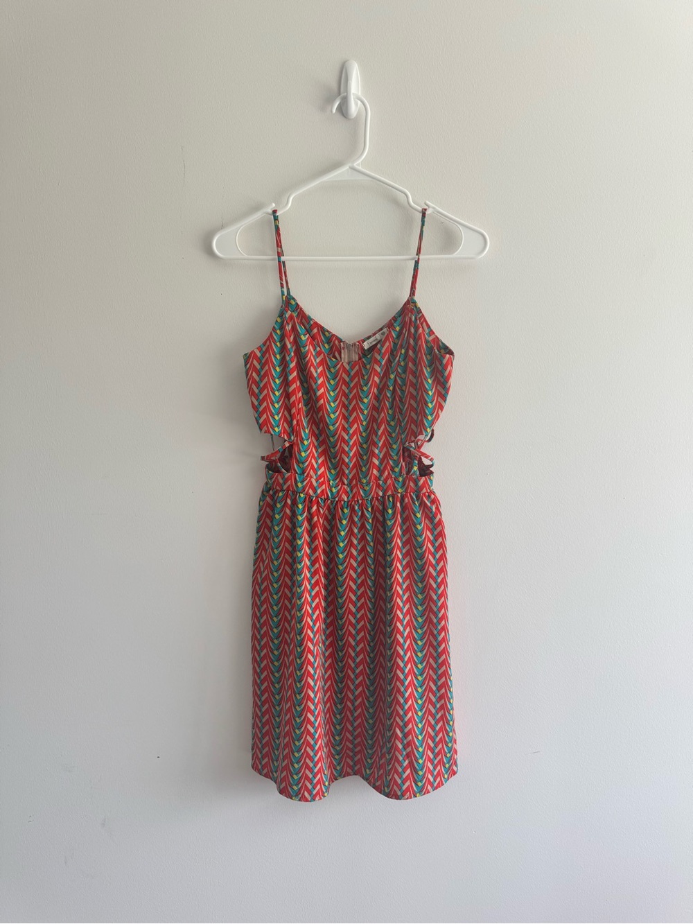 Soprano Red and Green Chevron Cutout Mini Dress
